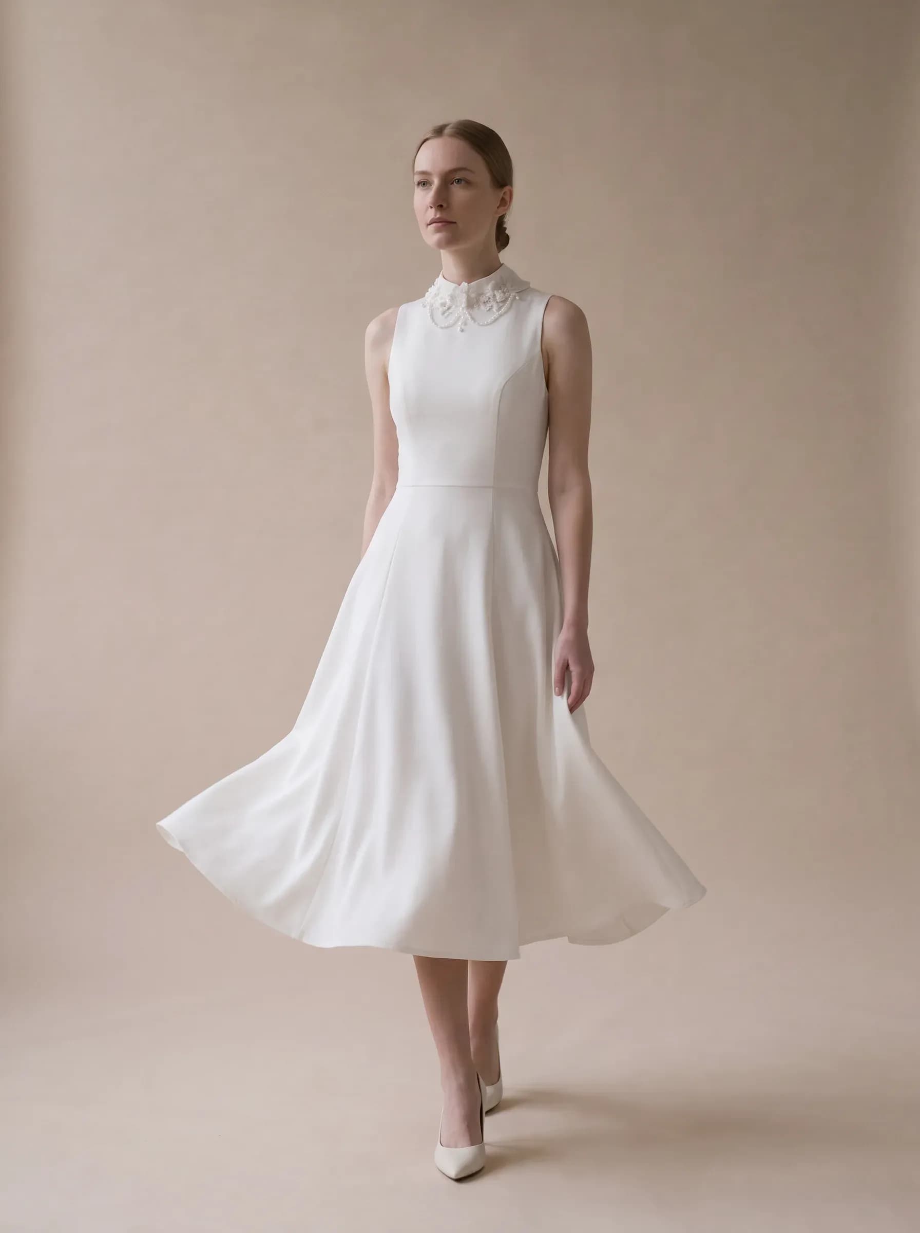 Elegant white midi dress with a high neckline, שמלת ערב, תצלום 3